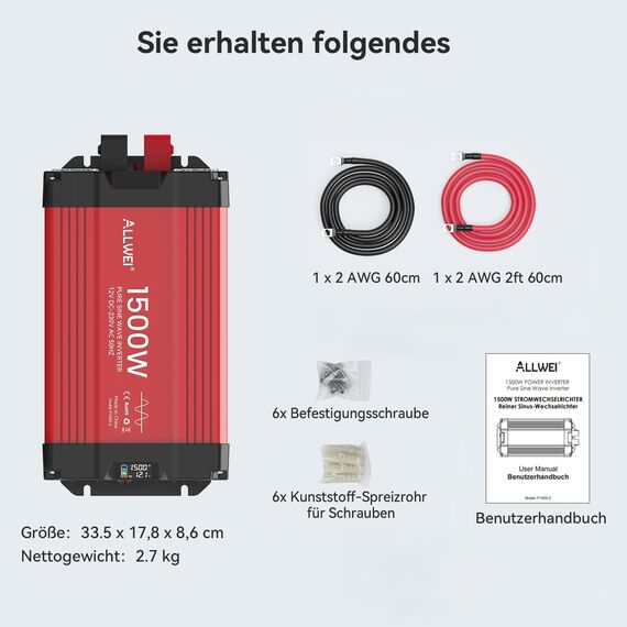 ALLWEI 1500W Reiner Sinus Wechselrichter 12v auf 230v Spannungswandler für Zuhause, Wohnmobil, LKW, netzunabhängige Solaranlagen Wechselrichter Inverter 12v 220v,Spitzenleistung 3000W