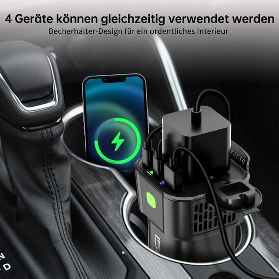 AUCARAUTO 150W Spannungswandler, DC 12V zu 230V AC 5-in-1 Wechselrichter Getränkehalter Konverter mit 10A Zigarettenanzünder Steckdose, 2 USB-C 30W & 1 USB-A 18W Ladeanschlüsse - Schwarz