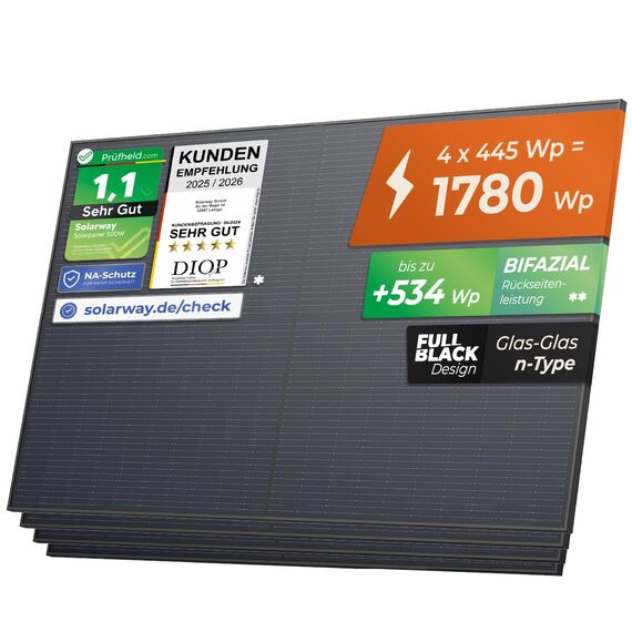 Solarway 445W Solarpanel Full Black Bifazial Glas/Glas PV Panel mit positiver Leistungstoleranz von 0-5 Watt, n-type, geeignet für Balkonkraftwerk
