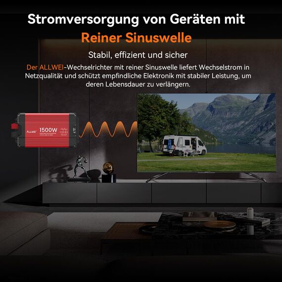 ALLWEI 1500W Reiner Sinus Wechselrichter 12v auf 230v Spannungswandler für Zuhause, Wohnmobil, LKW, netzunabhängige Solaranlagen Wechselrichter Inverter 12v 220v,Spitzenleistung 3000W