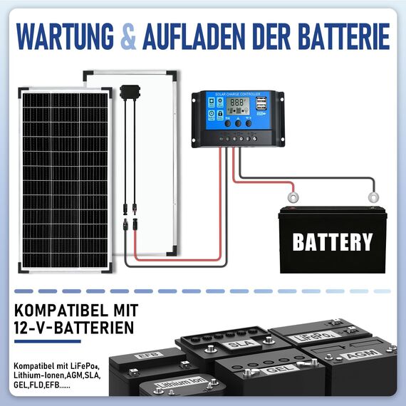 100W Solarpanel 12V Monokristallines Solarpanel-Kit 100 Watt Solarmodul mit 20 A Laderegler für netzunabhängige 12 Volt Energieladung für Wohnmobil, Boot, Wohnwagen, Haushalt