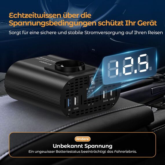 TAGEEBLU 300W Wechselrichter 12V auf 230V, spannungswandler 12v 230v mit 1 Steckdosen、Type-C 30W、USB-Schnellladung 25W、3 USB-Anschlüsse, LED-Anzeige, Laden von Handys, Laptops und Anderen Geräten