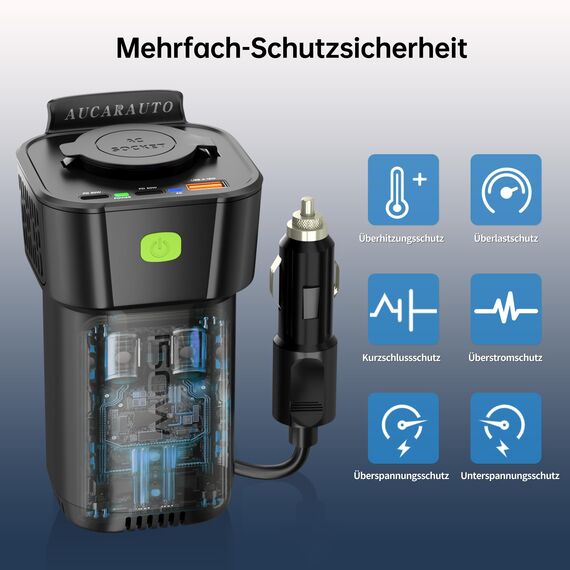 AUCARAUTO 150W Spannungswandler, DC 12V zu 230V AC 5-in-1 Wechselrichter Getränkehalter Konverter mit 10A Zigarettenanzünder Steckdose, 2 USB-C 30W & 1 USB-A 18W Ladeanschlüsse - Schwarz