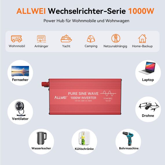 ALLWEI 1000W Reiner Sinus Wechselrichter 12v auf 230v Spannungswandler für Zuhause, Wohnmobil, LKW, netzunabhängige Solaranlagen Wechselrichter Inverter 12v 220v,Spitzenleistung 2000W