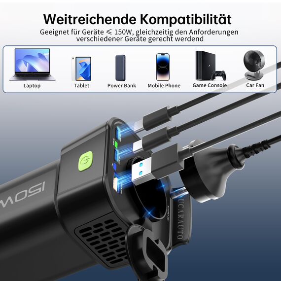 AUCARAUTO 150W Spannungswandler, DC 12V zu 230V AC 5-in-1 Wechselrichter Getränkehalter Konverter mit 10A Zigarettenanzünder Steckdose, 2 USB-C 30W & 1 USB-A 18W Ladeanschlüsse - Schwarz