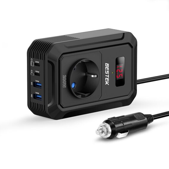 BESTEK 200W Spannungswandler 12 V auf 240 V 230 V AC Auto-Wechselrichter,3-pin Steckdosen,2PD 30W und 2 QC18W Anschlüsse Anschlüssen Zigarettenanzünderstecker,von Laptops, iPhones,und mehr,Schwarz