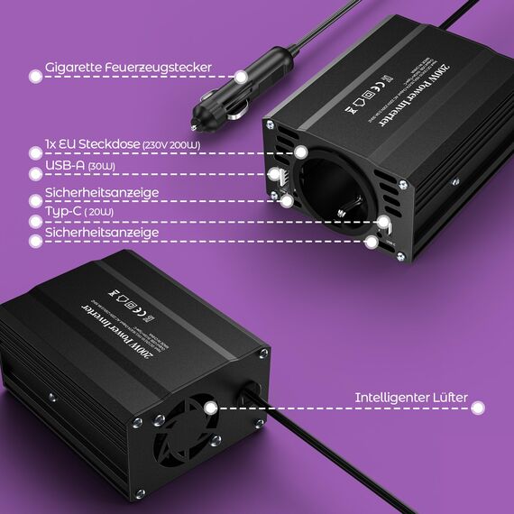 TAGEEBLU 200W Wechselrichter 12V auf 230V, spannungswandler 12v 230v mit 1 Steckdosen、Type-C 30W、USB-Schnellladung 20W