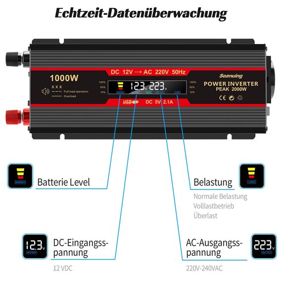 Seamuing 2000W Wechselrichter DC 12V auf AC 230V Spannungswandler 1 AC Steckdose & 2 USB Port Stromwandler mit Alligatorclip Zigarettenanzünder Stecker Power Inverter für Auto KFZ Wohnwagen LKW