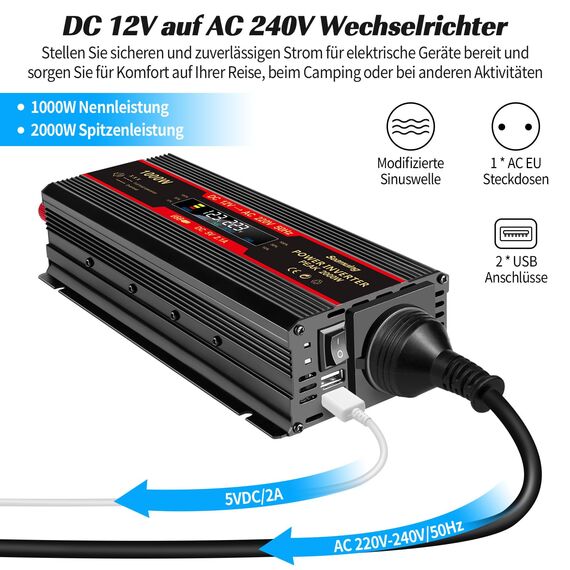 Seamuing 2000W Wechselrichter DC 12V auf AC 230V Spannungswandler 1 AC Steckdose & 2 USB Port Stromwandler mit Alligatorclip Zigarettenanzünder Stecker Power Inverter für Auto KFZ Wohnwagen LKW