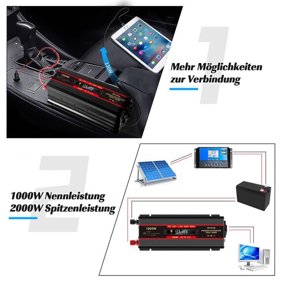 Seamuing 2000W Wechselrichter DC 12V auf AC 230V Spannungswandler 1 AC Steckdose & 2 USB Port Stromwandler mit Alligatorclip Zigarettenanzünder Stecker Power Inverter für Auto KFZ Wohnwagen LKW