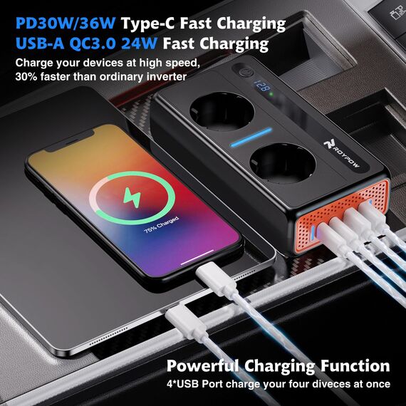 RoyPow Auto Spannungswandler 300W Wechselrichter DC 12V to AC 230V mit 2 Steckdosen und 4 USB Ports Schnelles Aufladen KFZ Ladegerät mit Zigarettenanzünderstecker
