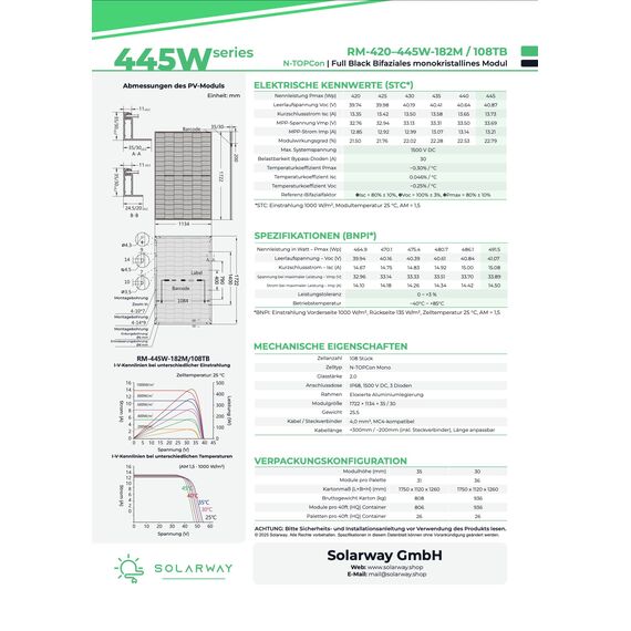 Solarway 445W Solarpanel Full Black Bifazial Glas/Glas PV Panel mit positiver Leistungstoleranz von 0-5 Watt, n-type, geeignet für Balkonkraftwerk (10 Panels)
