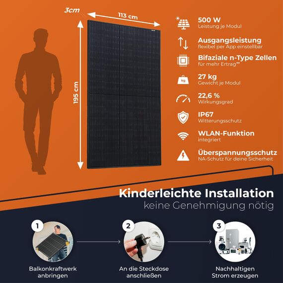 Solarway 500W Solarpanel Full Black Bifazial Glas/Glas PV Panel mit positiver Leistungstoleranz von 0-5 Watt, n-type, geeignet für Balkonkraftwerk (36 Panels)