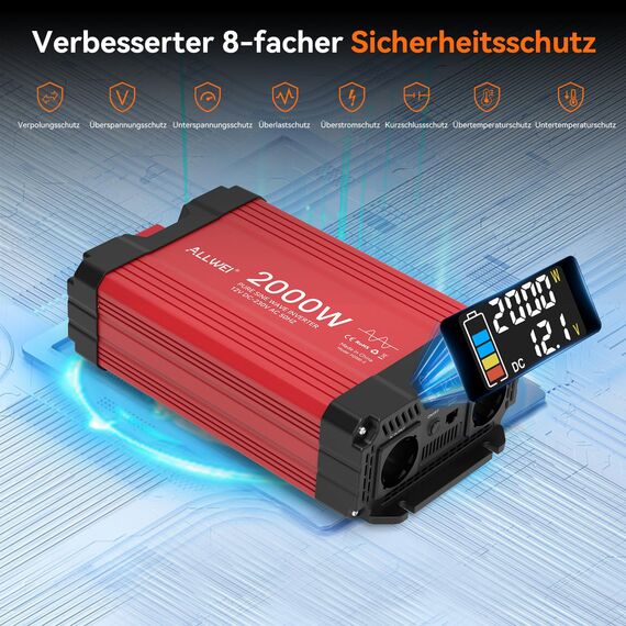 ALLWEI 2000W Reiner Sinus Wechselrichter 12v auf 230v Spannungswandler für Zuhause, Wohnmobil, LKW, netzunabhängige Solaranlagen Wechselrichter Inverter 12v 220v,Spitzenleistung 4000W