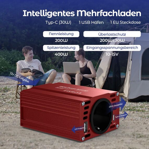 TAGEEBLU 200W Wechselrichter 12V auf 230V, spannungswandler 12v 230v mit 1 Steckdosen、Type-C 30W、USB-Schnellladung 20W