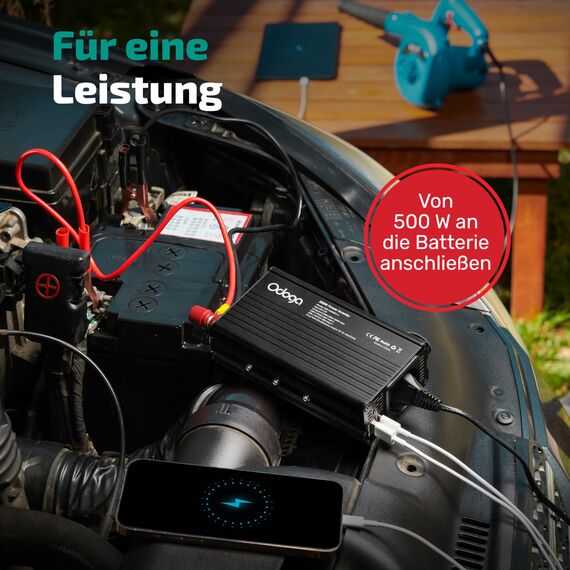 Odoga Wechselrichter 12V auf 230V – 500W Spannungswandler, Stromwandler mit 3A USB-A & USB-C Anschlüsse, Inverter 12V 220V, Auto Steckdose – Laden Sie Ihr Laptop, iPad, iPhone, Tablet Und Mehr