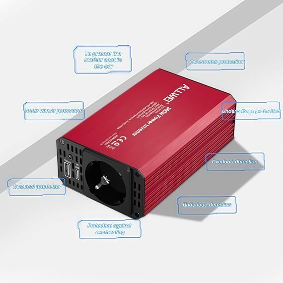ALLWEI 300W Wechselrichter 12V auf 230V Spannungswandler, Stromwandler mit Typ-C & USB Anschluss, Inverter 12V 220V, Auto Steckdose für Auto, Laden von Handys, Laptops und Anderen Geräten(Rot)