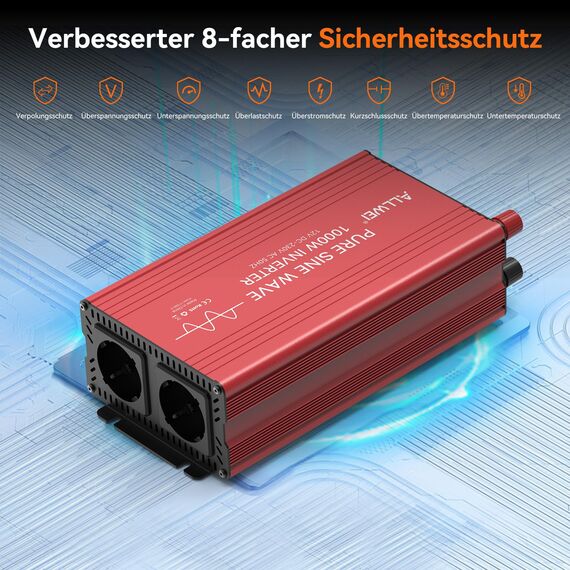 ALLWEI 1000W Reiner Sinus Wechselrichter 12v auf 230v Spannungswandler für Zuhause, Wohnmobil, LKW, netzunabhängige Solaranlagen Wechselrichter Inverter 12v 220v,Spitzenleistung 2000W