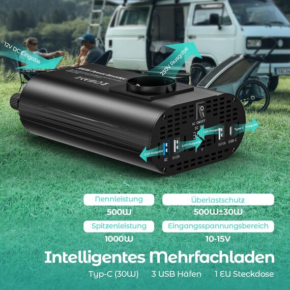 TAGEEBLU 500W Wechselrichter 12V auf 230V, spannungswandler 12v 230v mit 1 Steckdosen、Type-C 30W、USB-Schnellladung 25W、3 USB-Anschlüsse, LED-Anzeige, Laden von Handys, Laptops und Anderen Geräten