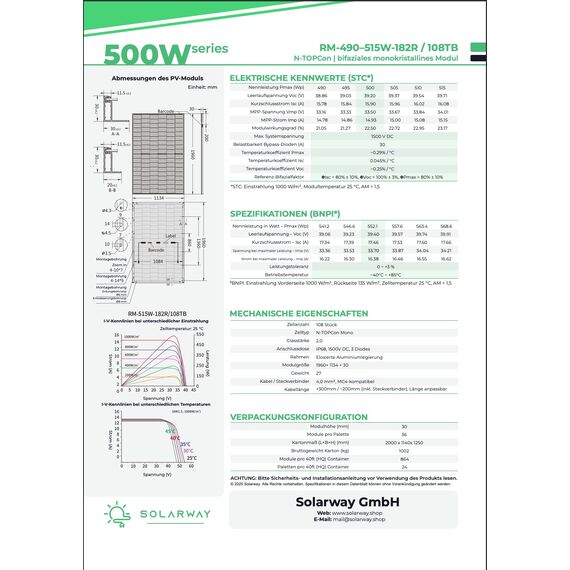 Solarway 500W Solarpanel Full Black Bifazial Glas/Glas PV Panel mit positiver Leistungstoleranz von 0-5 Watt, n-type, geeignet für Balkonkraftwerk
