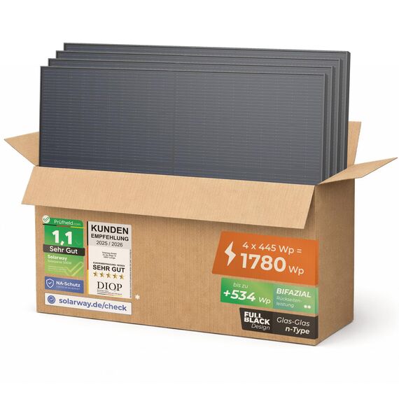Solarway 445W Solarpanel Full Black Bifazial Glas/Glas PV Panel mit positiver Leistungstoleranz von 0-5 Watt, n-type, geeignet für Balkonkraftwerk
