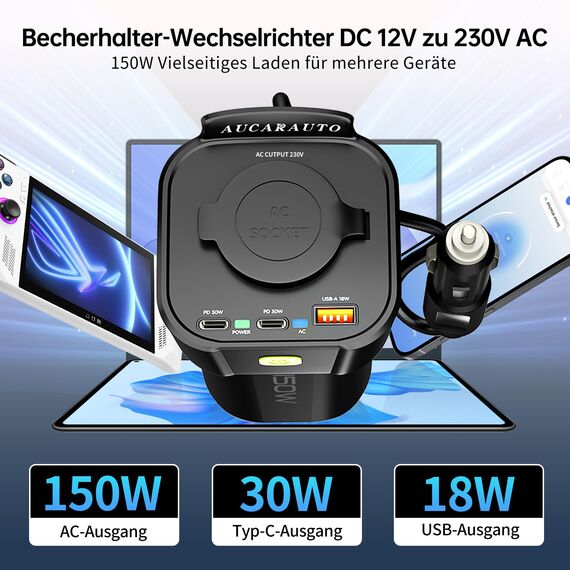 AUCARAUTO 150W Spannungswandler, DC 12V zu 230V AC 5-in-1 Wechselrichter Getränkehalter Konverter mit 10A Zigarettenanzünder Steckdose, 2 USB-C 30W & 1 USB-A 18W Ladeanschlüsse - Schwarz