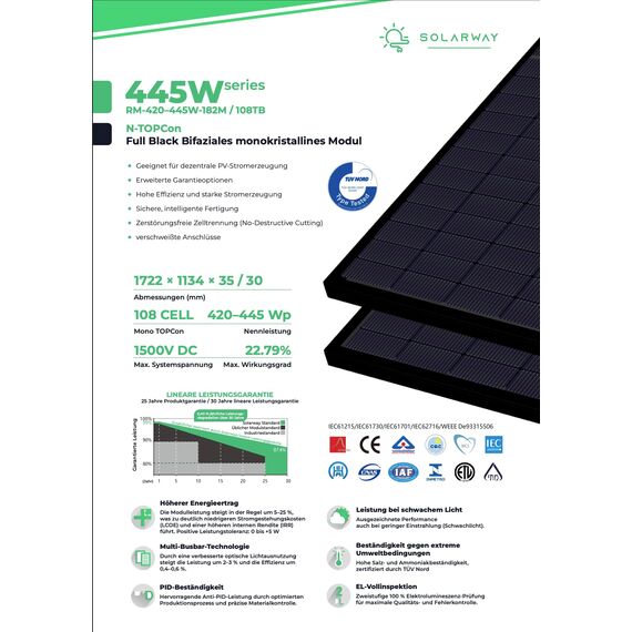 Solarway 445W Solarpanel Full Black Bifazial Glas/Glas PV Panel mit positiver Leistungstoleranz von 0-5 Watt, n-type, geeignet für Balkonkraftwerk