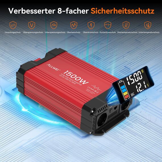 ALLWEI 1500W Reiner Sinus Wechselrichter 12v auf 230v Spannungswandler für Zuhause, Wohnmobil, LKW, netzunabhängige Solaranlagen Wechselrichter Inverter 12v 220v,Spitzenleistung 3000W