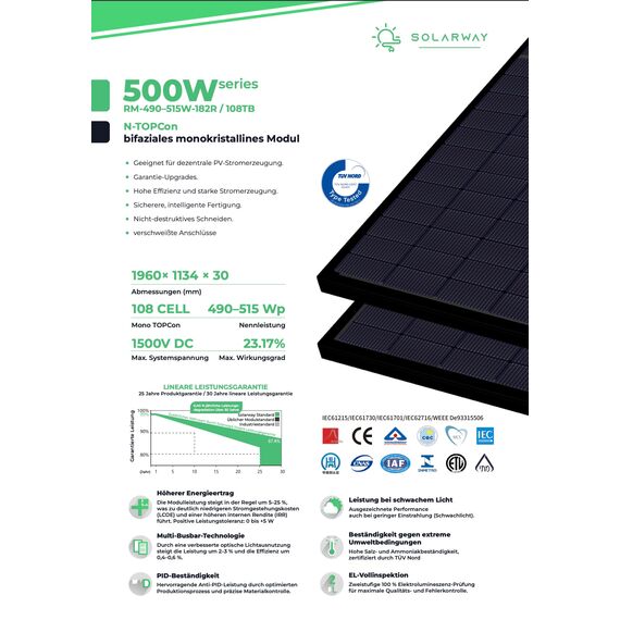 Solarway 500W Solarpanel Full Black Bifazial Glas/Glas PV Panel mit positiver Leistungstoleranz von 0-5 Watt, n-type, geeignet für Balkonkraftwerk (6 Panels)