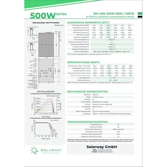 Solarway 500W Solarpanel Full Black Bifazial Glas/Glas PV Panel mit positiver Leistungstoleranz von 0-5 Watt, n-type, geeignet für Balkonkraftwerk (6 Panels)