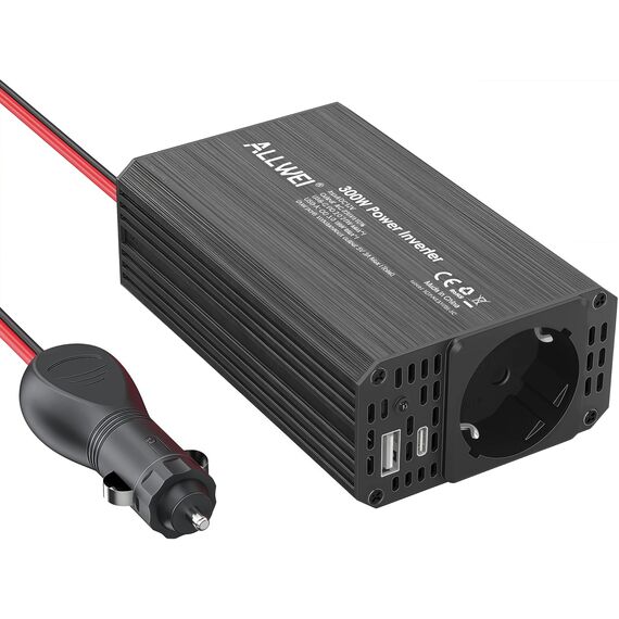 ALLWEI 300W Wechselrichter 12V auf 230V Spannungswandler, Stromwandler mit Typ-C & USB Anschluss, Inverter 12V 220V, Auto Steckdose für Auto, Laden von Handys, Laptops und Anderen Geräten (Schwarz)