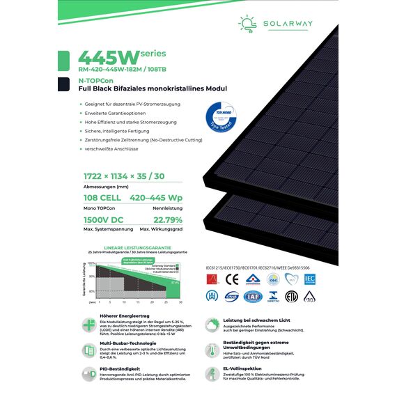 Solarway 445W Solarpanel Full Black Bifazial Glas/Glas PV Panel mit positiver Leistungstoleranz von 0-5 Watt, n-type, geeignet für Balkonkraftwerk (10 Panels)