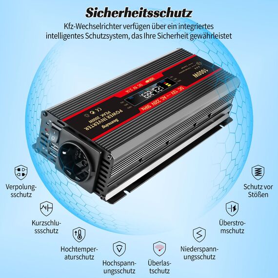 Seamuing 2000W Wechselrichter DC 12V auf AC 230V Spannungswandler 1 AC Steckdose & 2 USB Port Stromwandler mit Alligatorclip Zigarettenanzünder Stecker Power Inverter für Auto KFZ Wohnwagen LKW