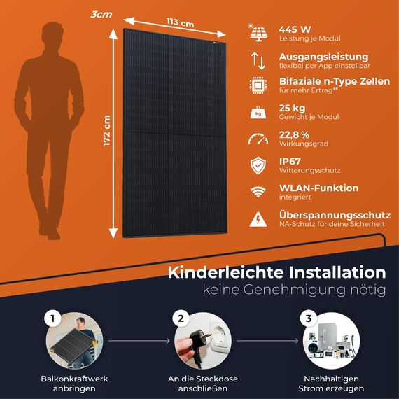 Solarway 445W Solarpanel Full Black Bifazial Glas/Glas PV Panel mit positiver Leistungstoleranz von 0-5 Watt, n-type, geeignet für Balkonkraftwerk (1er)