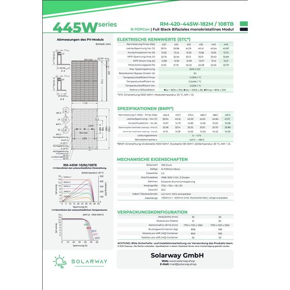 Solarway 445W Solarpanel Full Black Bifazial Glas/Glas PV Panel mit positiver Leistungstoleranz von 0-5 Watt, n-type, geeignet für Balkonkraftwerk