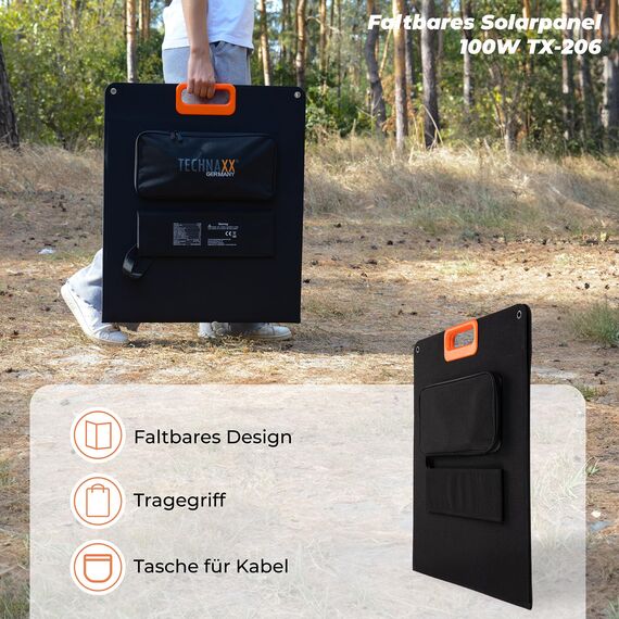 Technaxx Solarpanel Faltbar 100W TX-206 für Outdoor, Camping, Balkon usw, Tragbares monokristallines Solarladegerät für alle gängigen Power stations mit USB-A/USB-C/XT60/DC7909/MC4/Anderson Ausgänge