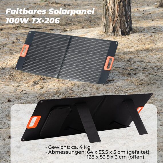 Technaxx Solarpanel Faltbar 100W TX-206 für Outdoor, Camping, Balkon usw, Tragbares monokristallines Solarladegerät für alle gängigen Power stations mit USB-A/USB-C/XT60/DC7909/MC4/Anderson Ausgänge