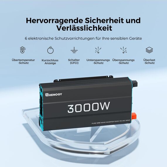 Renogy 3000W/6000W 12V zu 230V Reiner Sinus-Wechselrichter mit Netzvorrangschaltung, 12v auf 230v Spannungswandler mit 2 Europäische Steckdose für Haushaltsgeräten Wohnmobile, LKW, Boote, Camping