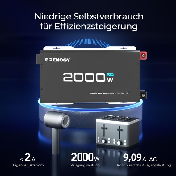 Renogy 2000W/4000W 24V auf 230V Reiner Sinus Wechselrichter Spannungswandler Konverter DC zu AC Umwandler mit USB und Europäische Steckdose für Haushaltsgeräten 24V 2KW Pure Sine Wave Inverter