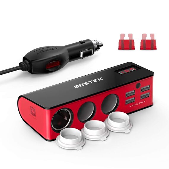 BESTEK 3 Steckdosen, 200 W, 12 V/24 V DC, Zigarettenanzünder-Netzadapter mit 6 A 4-Port-Auto-USB-Splitter-Ladegerät