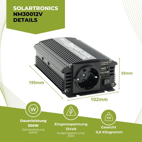 SOLARTRONICS Spannungswandler NM300 12V 300 Watt SCHWARZ - 600 Watt Spitzenleistung - Wechselrichter 12v auf 230v - Blei- oder AGM-Batterie kompatibel - mit Schuko- & USB Anschluss