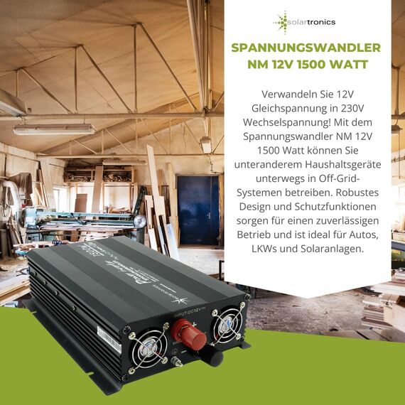 SOLARTRONICS Spannungswandler NM1500 12V 1500 Watt SCHWARZ - 3000 Watt Spitzenleistung - Wechselrichter 12v auf 230v - Blei- oder AGM-Batterie kompatibel - mit Schuko- & USB Anschluss
