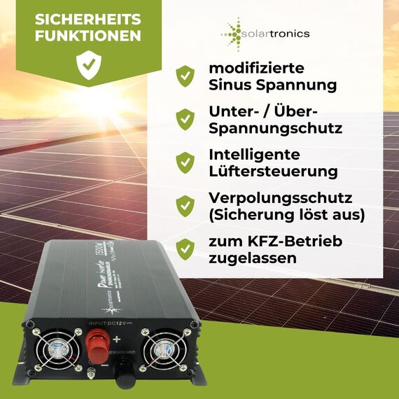 SOLARTRONICS Spannungswandler NM1500 12V 1500 Watt SCHWARZ - 3000 Watt Spitzenleistung - Wechselrichter 12v auf 230v - Blei- oder AGM-Batterie kompatibel - mit Schuko- & USB Anschluss