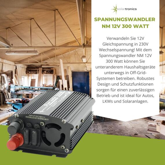 SOLARTRONICS Spannungswandler NM300 12V 300 Watt SCHWARZ - 600 Watt Spitzenleistung - Wechselrichter 12v auf 230v - Blei- oder AGM-Batterie kompatibel - mit Schuko- & USB Anschluss