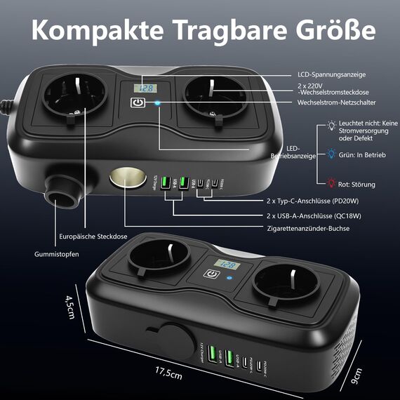 7 in 1 200W Wechselrichter 12V auf 220–230V, SZSSTH Spannungswandler Auto Steckdose 2 USB-A/2 Typ-C (5V 3A), Stromwandler mit Zigarettenanzünder Steckdose Power Inverter für Handys, Laptops, Campen
