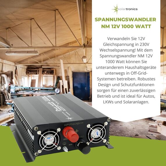 SOLARTRONICS Spannungswandler NM1000 12V 1000 Watt SCHWARZ - 2000 Watt Spitzenleistung - Wechselrichter 12v auf 230v - Blei- oder AGM-Batterie kompatibel - mit Schuko- & USB Anschluss