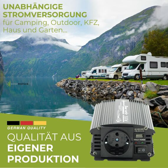 SOLARTRONICS Spannungswandler NM300 12V 300 Watt SCHWARZ - 600 Watt Spitzenleistung - Wechselrichter 12v auf 230v - Blei- oder AGM-Batterie kompatibel - mit Schuko- & USB Anschluss