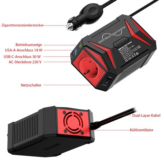 Reiner Sinus wechselrichter 12v auf 230v/BESTEK 300W stromwandler 12 auf 230/steckdose Auto Adapter/Auto wechselrichter,Inverter,inkl. Kfz Zigarettenanzünder Stecker