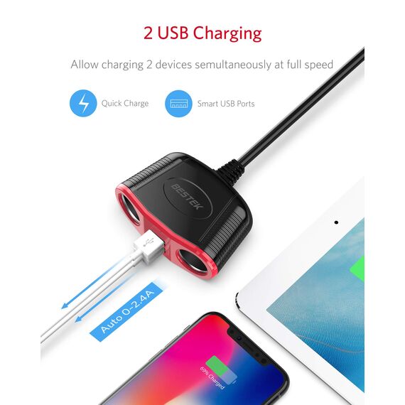 BESTEK Kfz-Ladegerät 12/24 V 150 W, 2 Zigarettenanzünder-Steckdosen & 2 USB-Anschlüsse, Kfz-Ladegerät für iPhone XS Max/iPhone X/8, iPad, Tablet, Smartphone (rot)