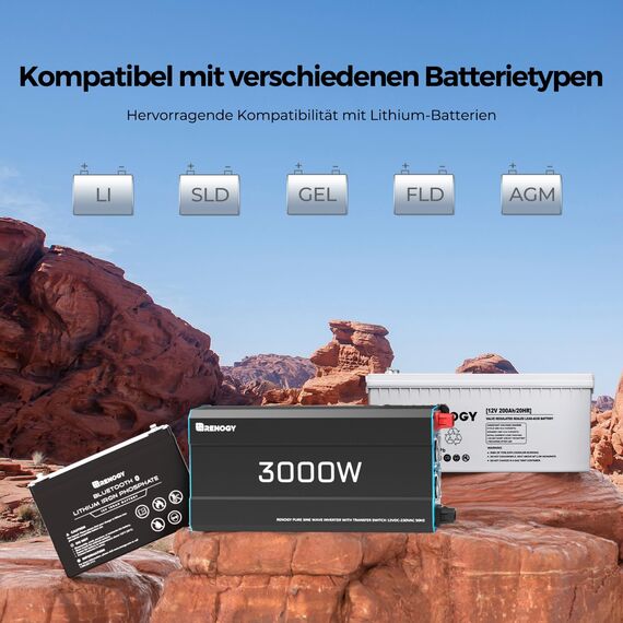 Renogy 3000W/6000W 12V zu 230V Reiner Sinus-Wechselrichter mit Netzvorrangschaltung, 12v auf 230v Spannungswandler mit 2 Europäische Steckdose für Haushaltsgeräten Wohnmobile, LKW, Boote, Camping